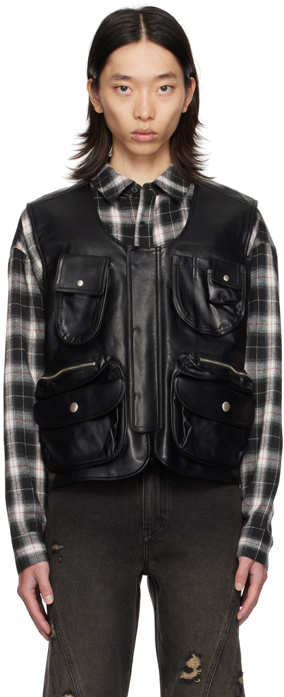 Shop Lesugiatelier Black Utility Pocket Faux-leather Vest