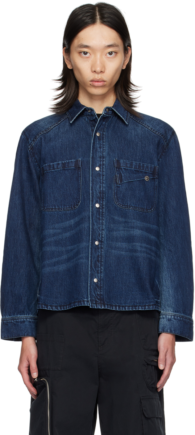 Shop Lesugiatelier Navy Pin-tuck Denim Shirt In Dark Blue