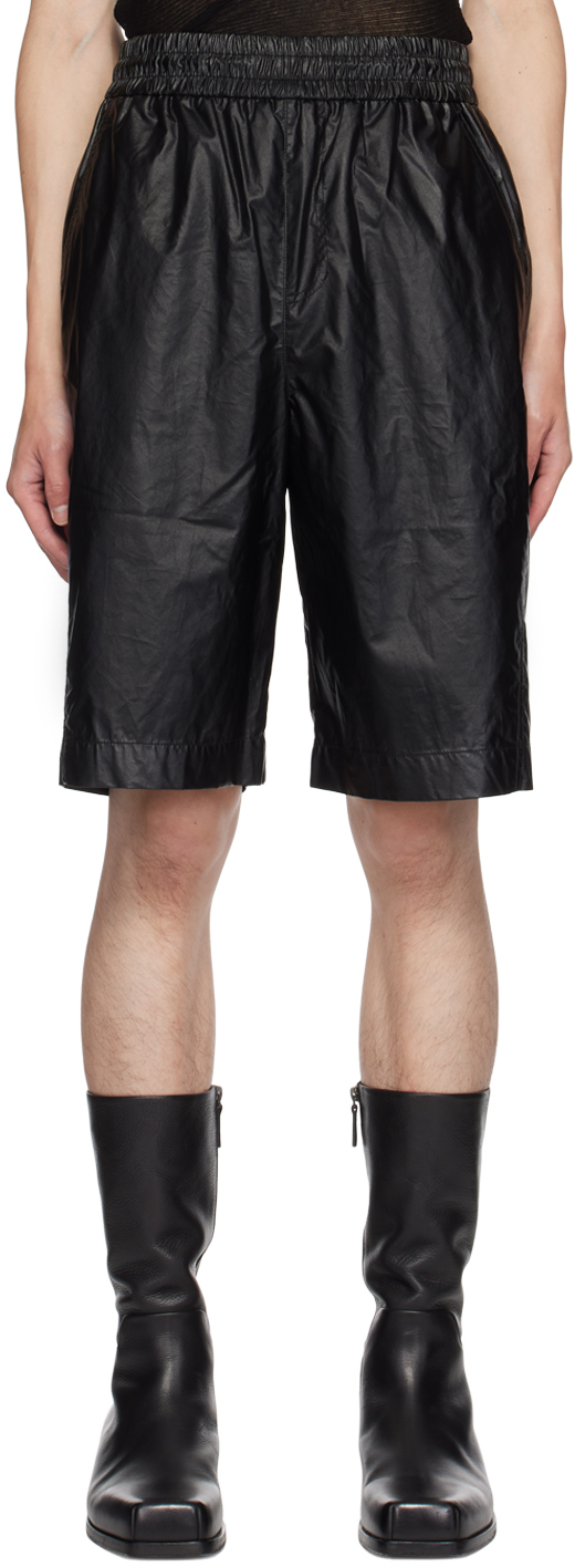 Shop Lesugiatelier Black Drawstring Faux-leather Bermuda Shorts