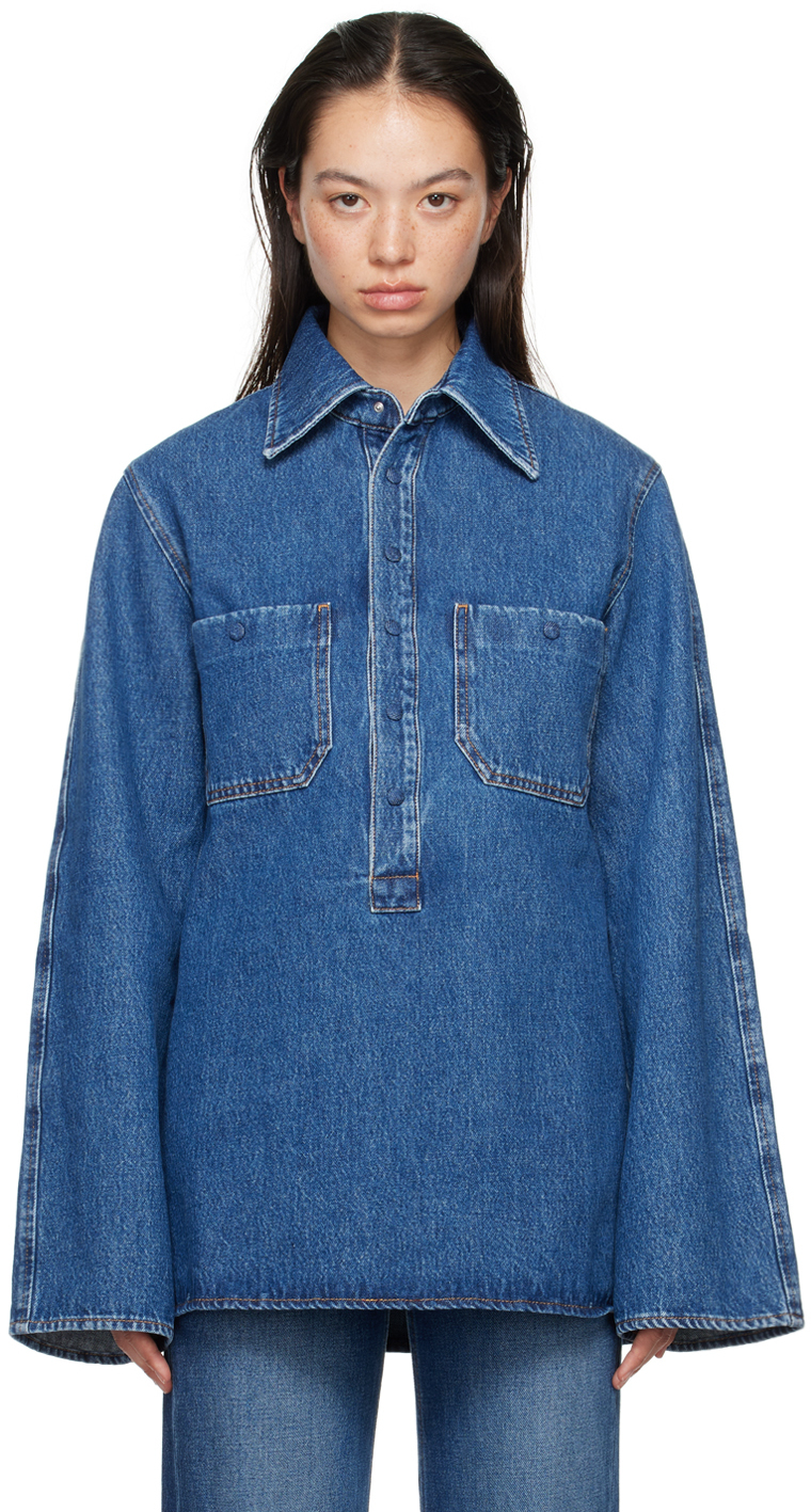 Shop Bite Blue Curved Pull On Denim Shirt In Blue Wash 5046