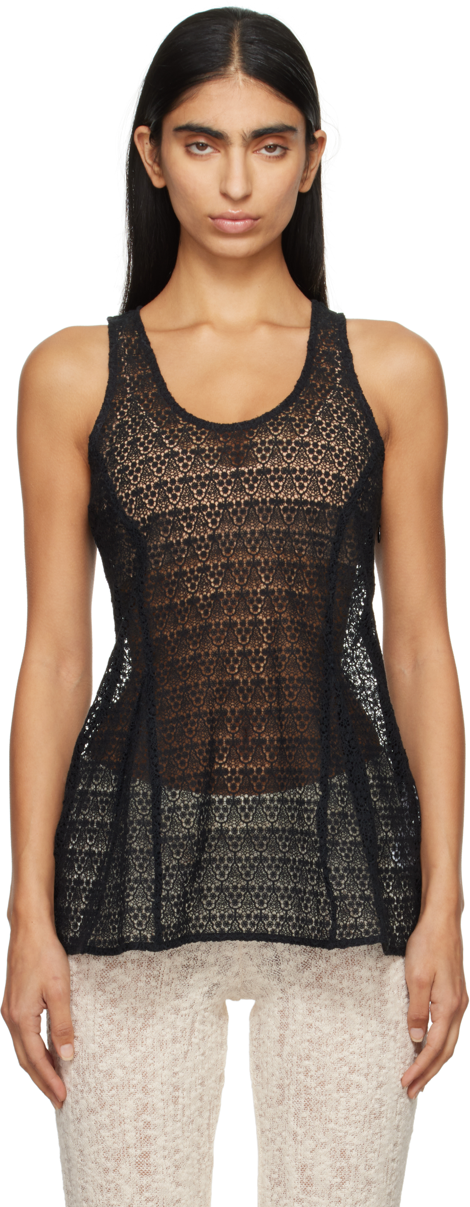 Black Tailored Lace Tank Top by BITE on Sale