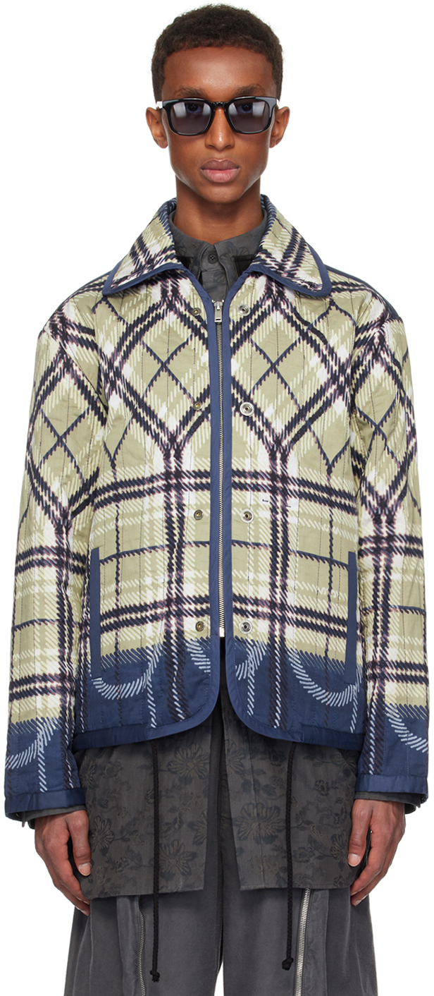 Shop Craig Green Beige & Navy Quilted Plaid Fade Jacket In Beige Plaid