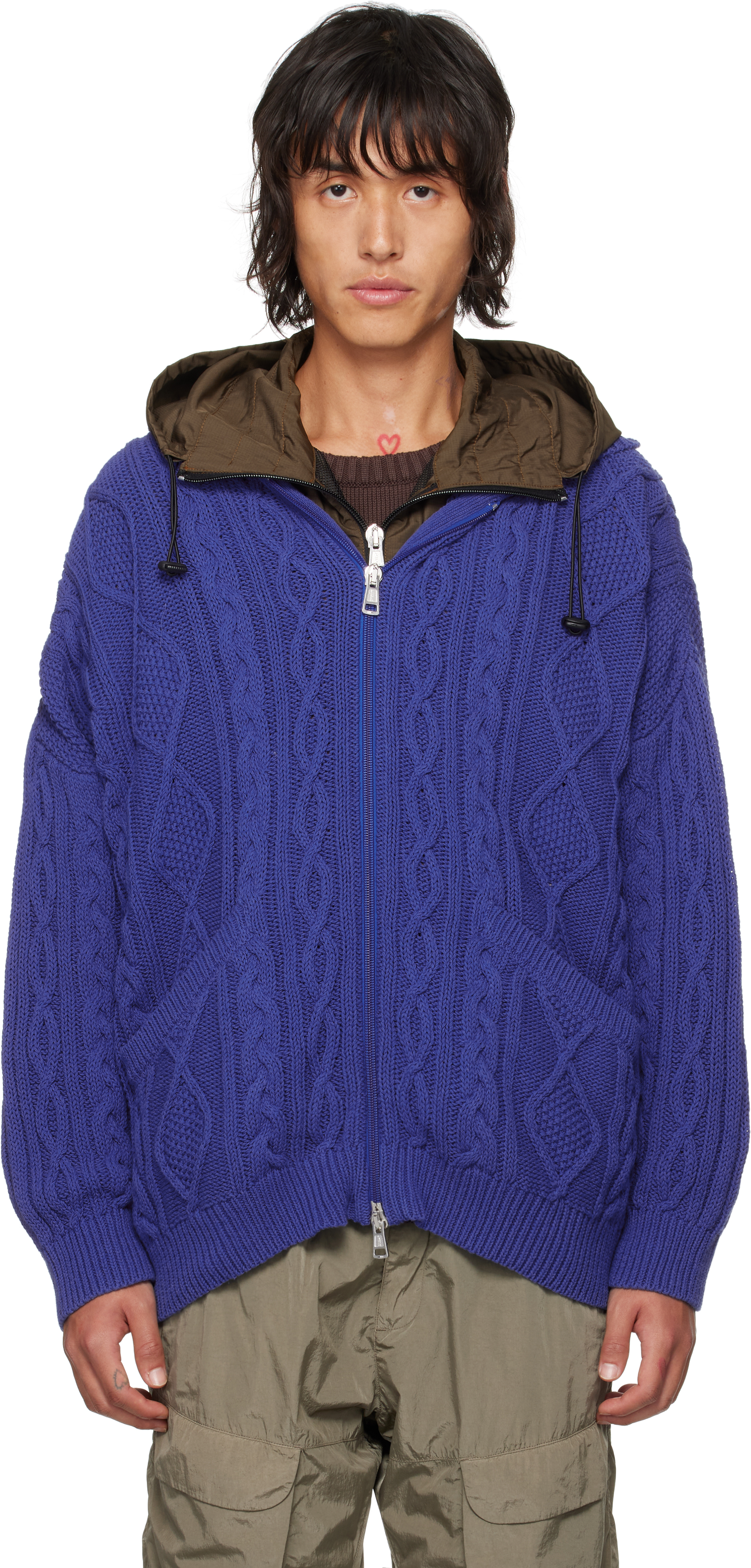 Blue Oversized Cable-Knit Hoodie