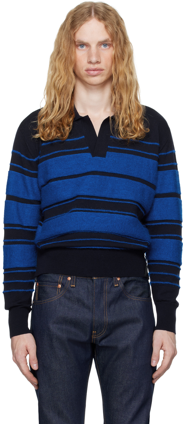 Blue Striped Knit Long Sleeve Polo