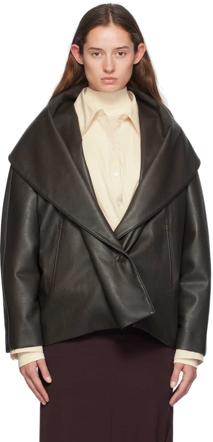 Shop Gia Studios Brown Shawl Collar Faux-leather Jacket In Dark Brown