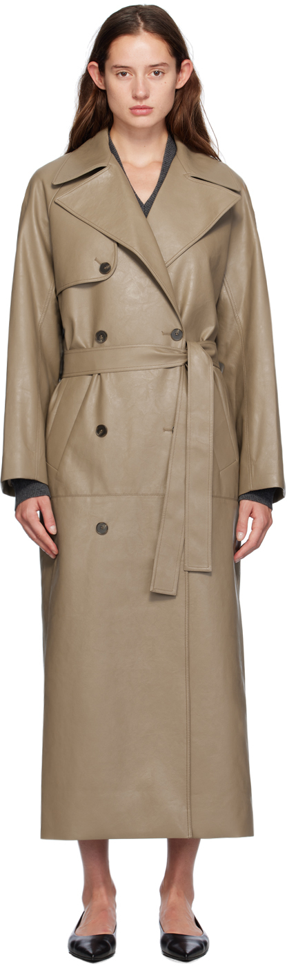 Beige Double-Breasted Faux-Leather Trench Coat