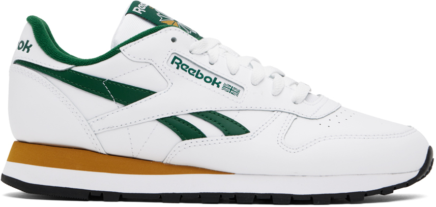 Shop Reebok White & Green Classic Leather Sneakers In White/drkgrn/retgol