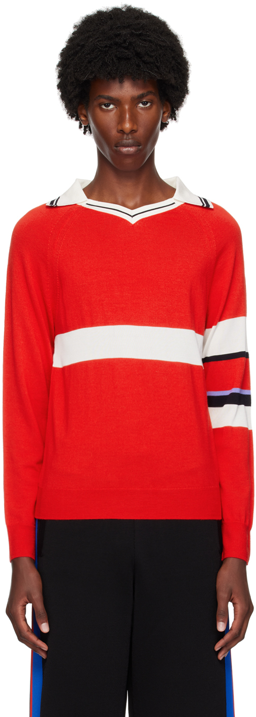 Shop Wales Bonner Red Calm Long Sleeve Polo In Red/ White