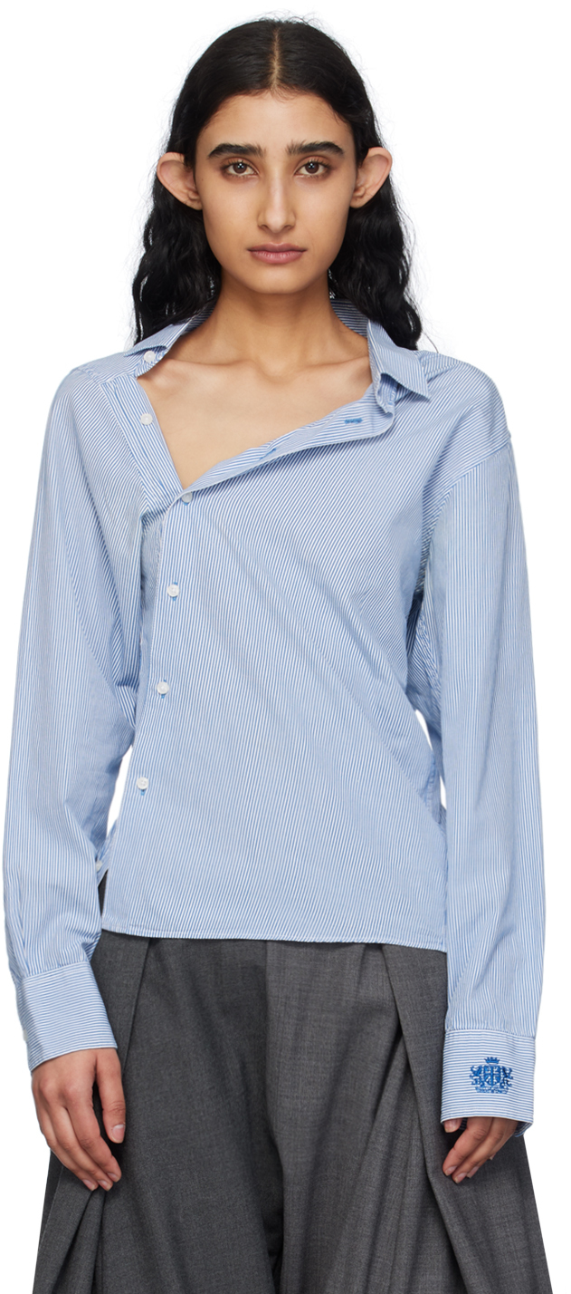 Shop Hodakova Blue Asymmetric Shirt In Blue/white Striped