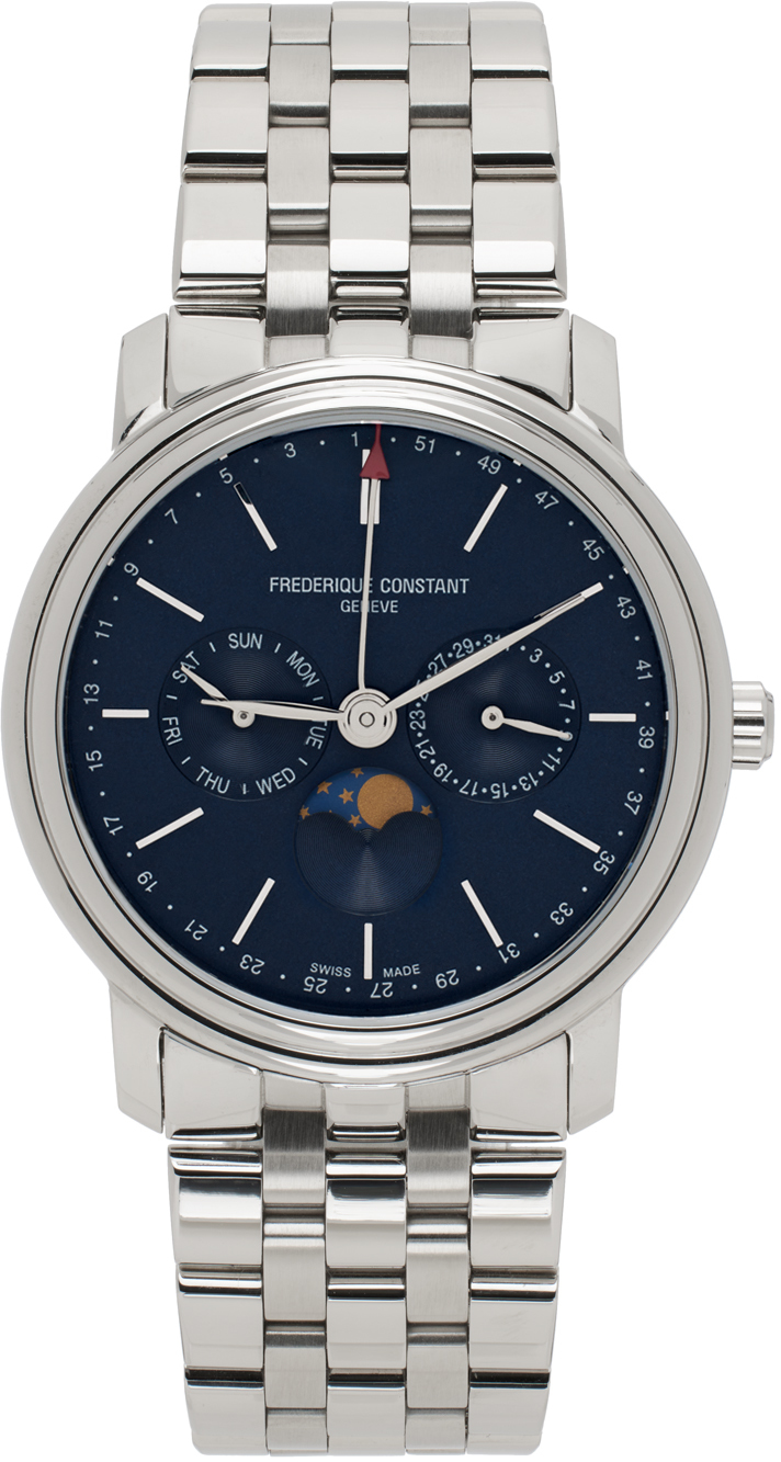 Shop Frederique Constant Silver Classics Index Business Timer Watch In Silver Navy