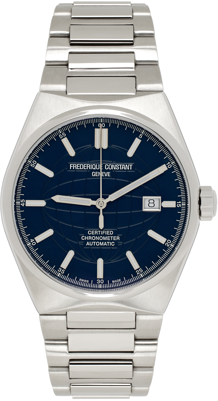 Frederique Constant Silver & Navy Highlife Cosc Automatic Watch In Silver Navy