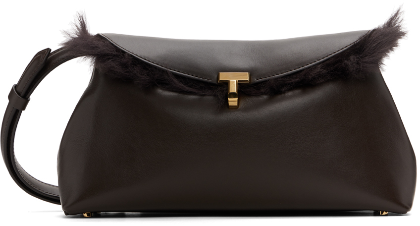 Brown Shearling T-Lock Clutch