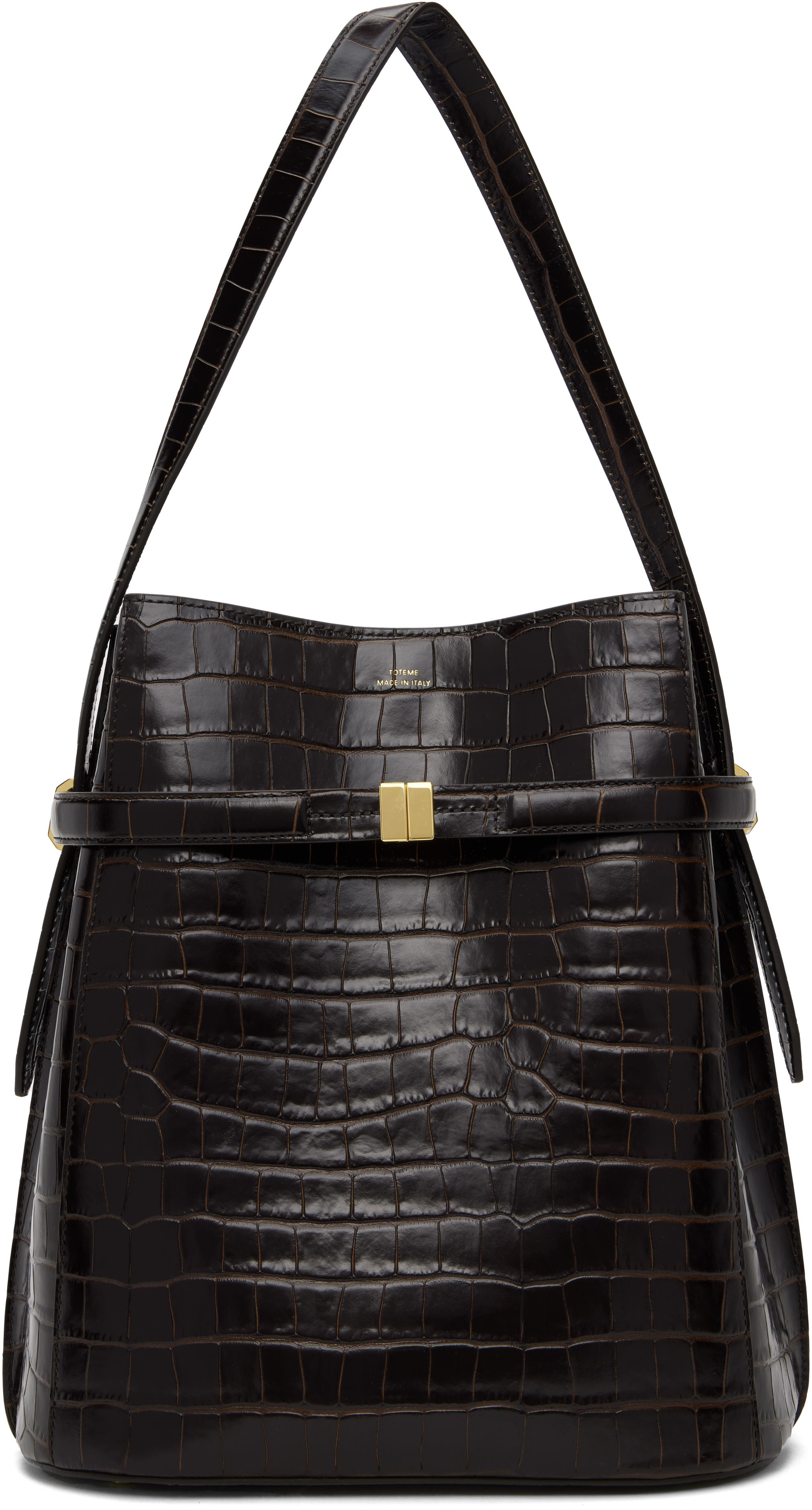 Brown Belted Croco-Embossed Bucket Bag