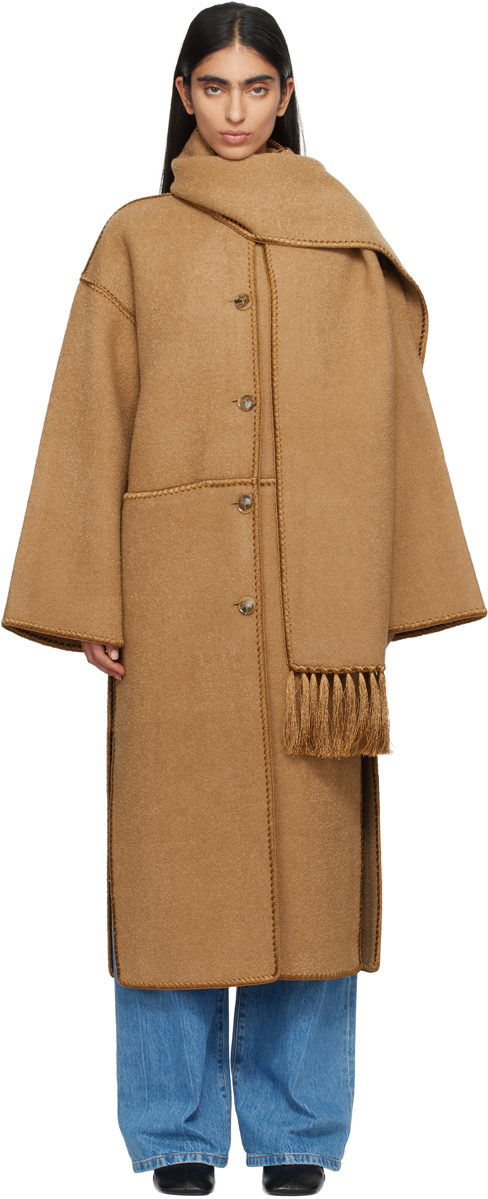 Shop Totême Tan Embroidered Scarf Coat In Camel 033