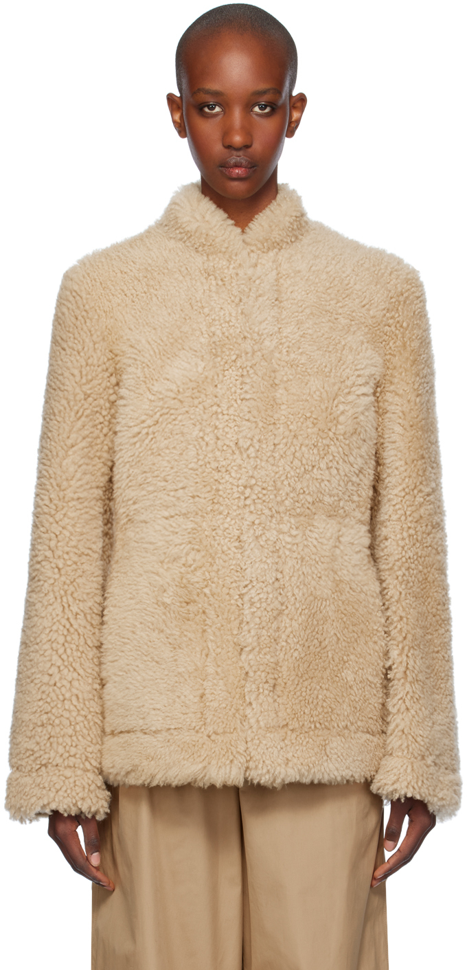 Shop Totême Beige Cinched Shearling Jacket In Butter 092