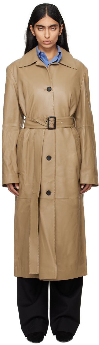 Shop Totême Tan Belted Long Leather Coat In Truffle 235