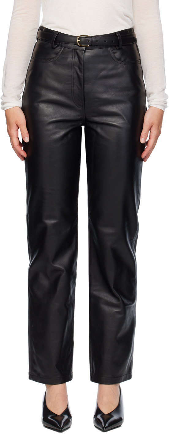 Shop Totême Black Straight Leather Pants In 001 Black