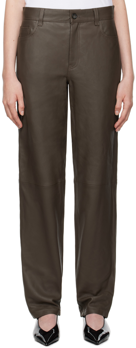 Shop Totême Brown Five-pocket Leather Pants In Bark 213