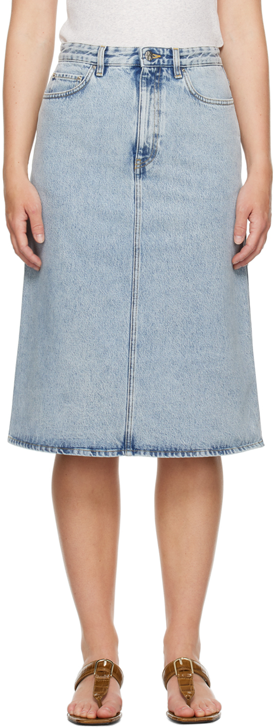 Blue Five-Pocket Denim Midi Skirt