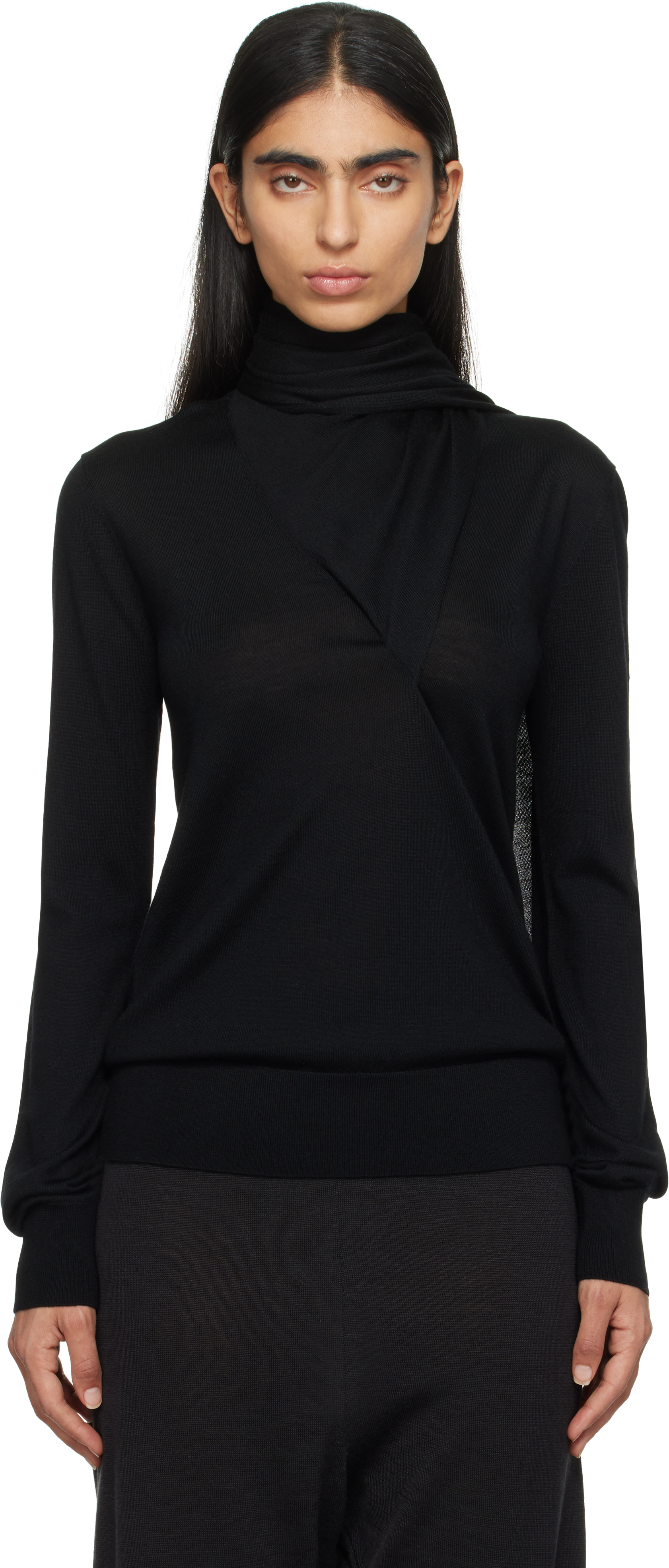 Totême Black Draped Scarf Fine Knit Sweater In Black 001