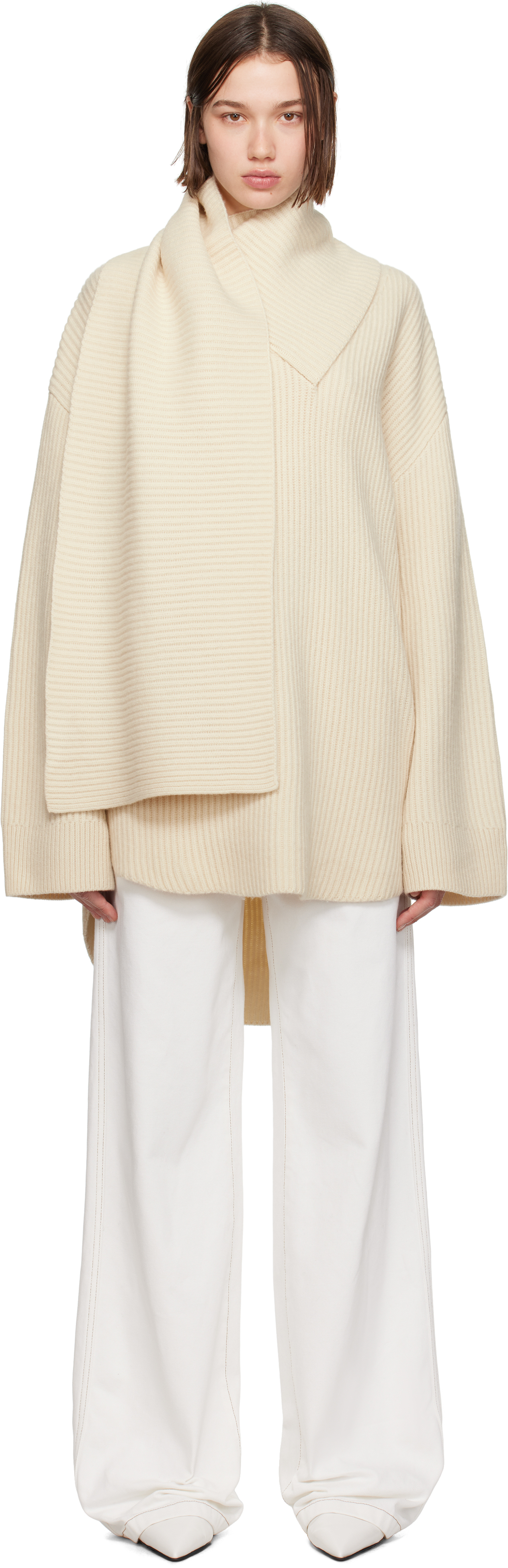 Shop Totême Off-white Long Scarf Knit Sweater In Off White 059