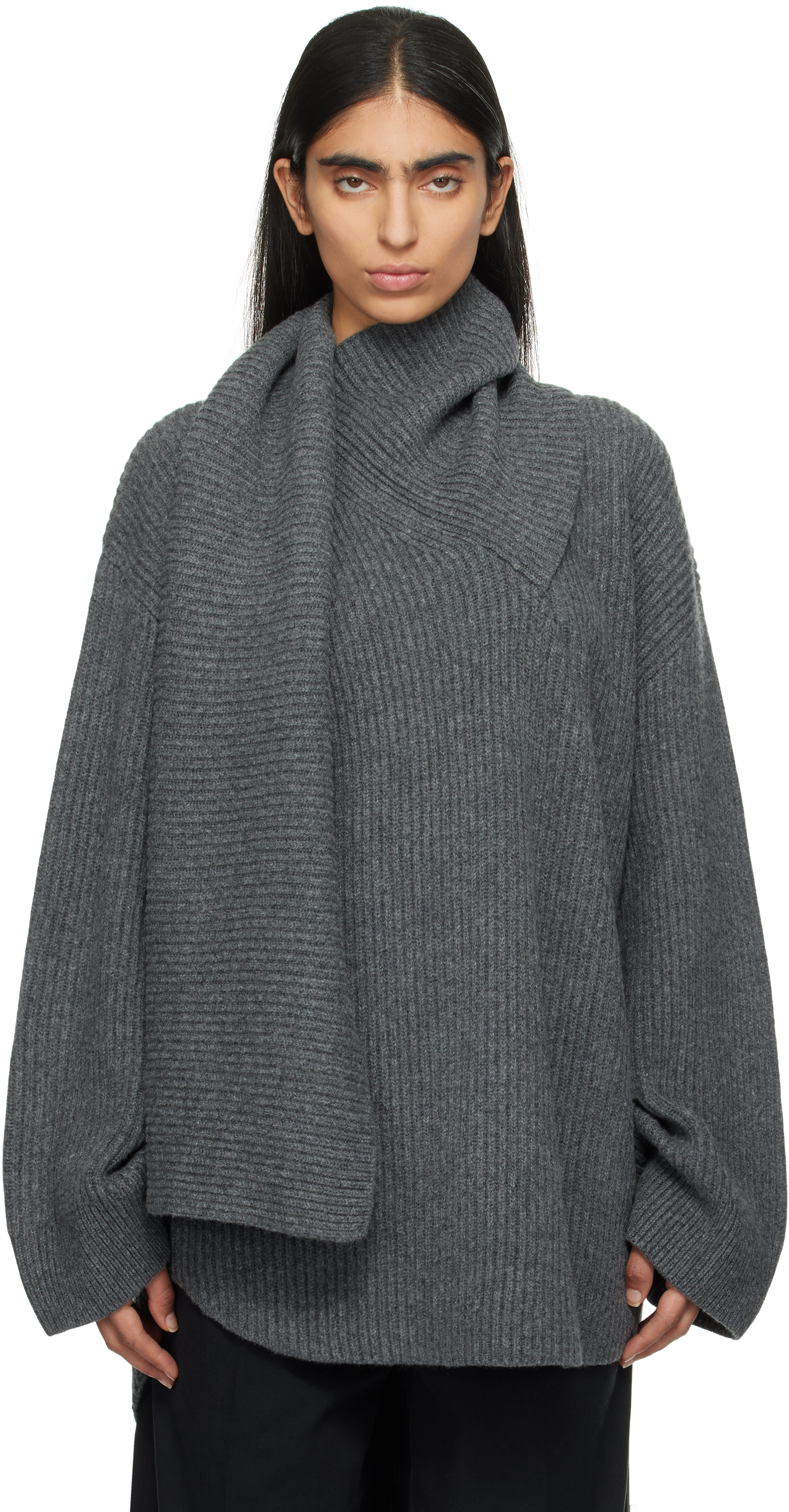 Shop Totême Gray Long Scarf Knit Sweater In Dk Grey Melange 083