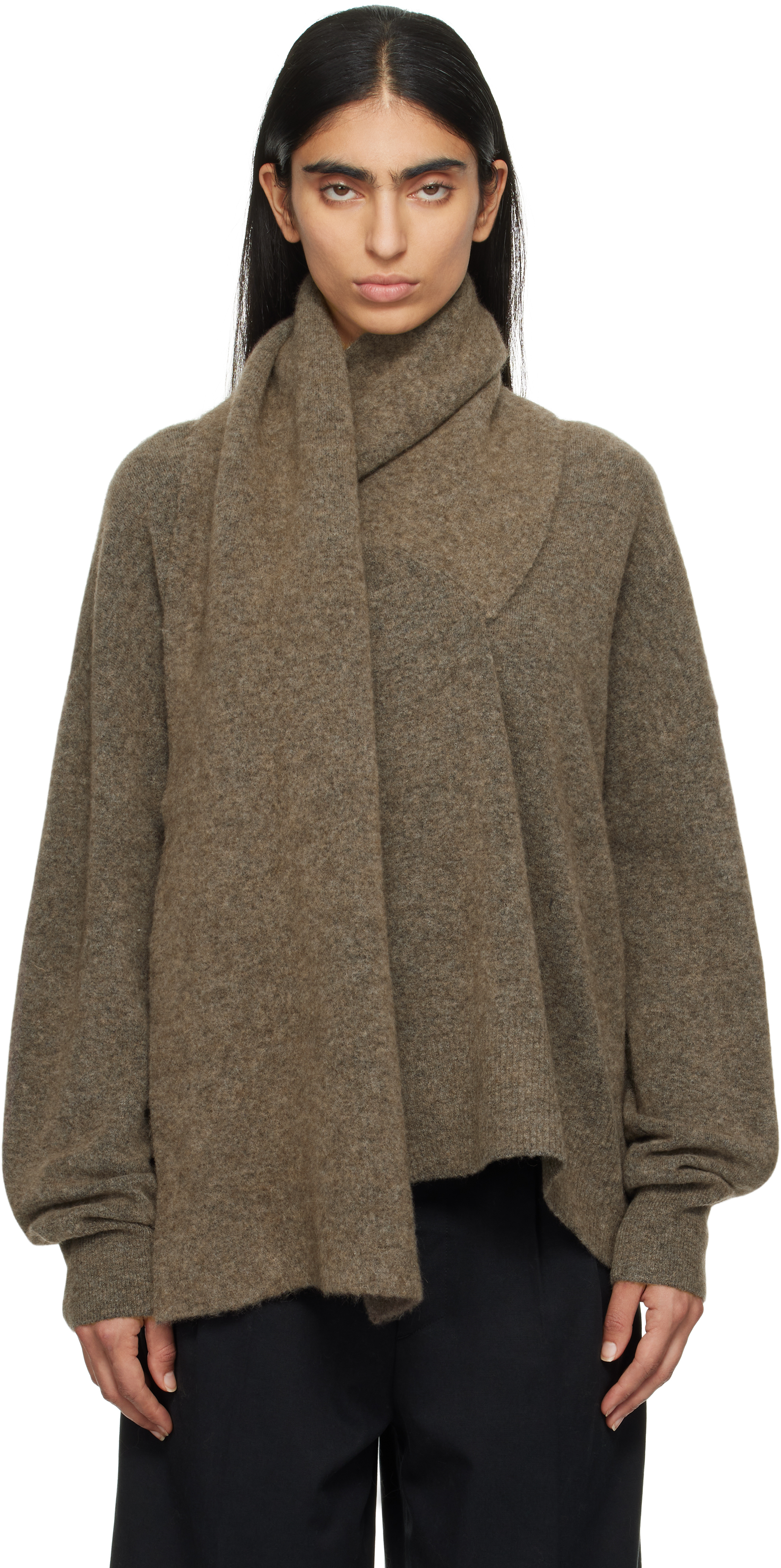 Shop Totême Taupe Draped Scarf Knit Sweater In Truffle 235