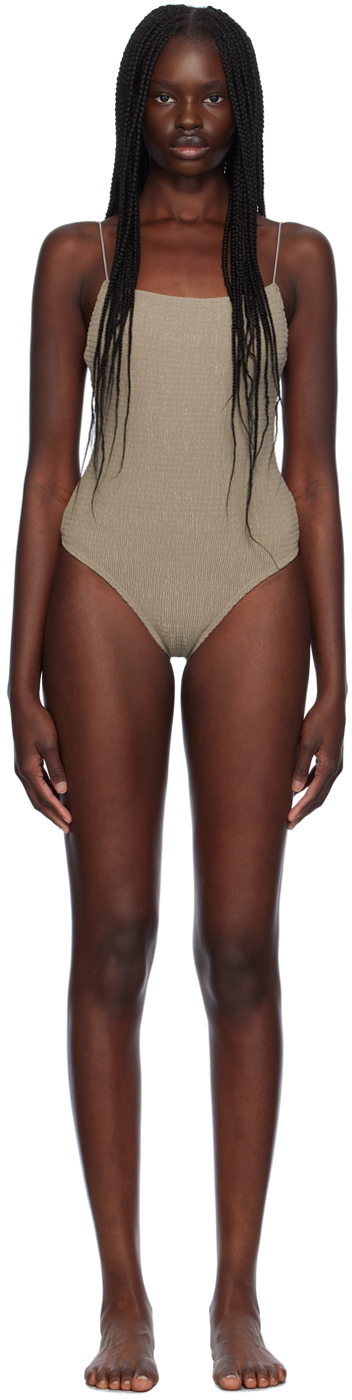 Taupe Smocked One-Piece Swimsuit