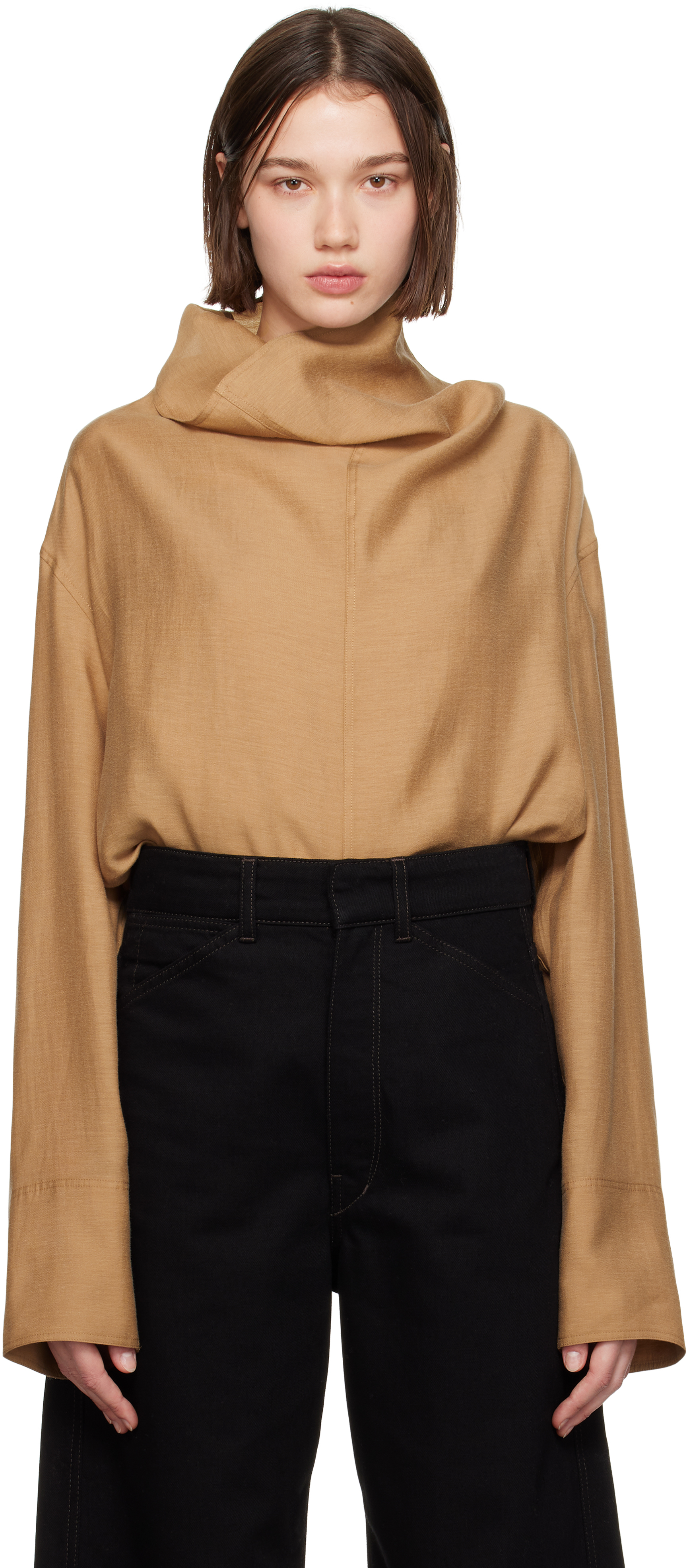 Shop Totême Tan Funnel-neck Blouse In Camel 033