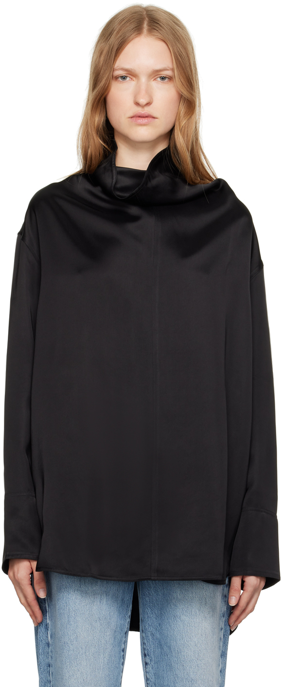 Black Funnel Neck Satin Blouse