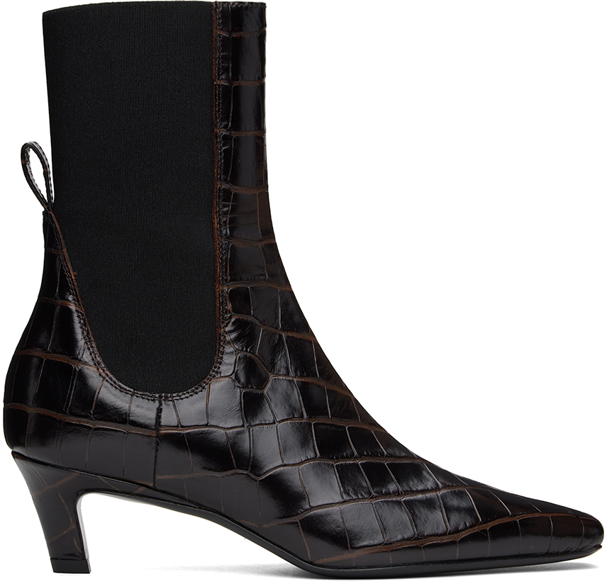 Shop Totême Brown 'the Mid Heel' Leather Boots In Dark Brown Croco 892