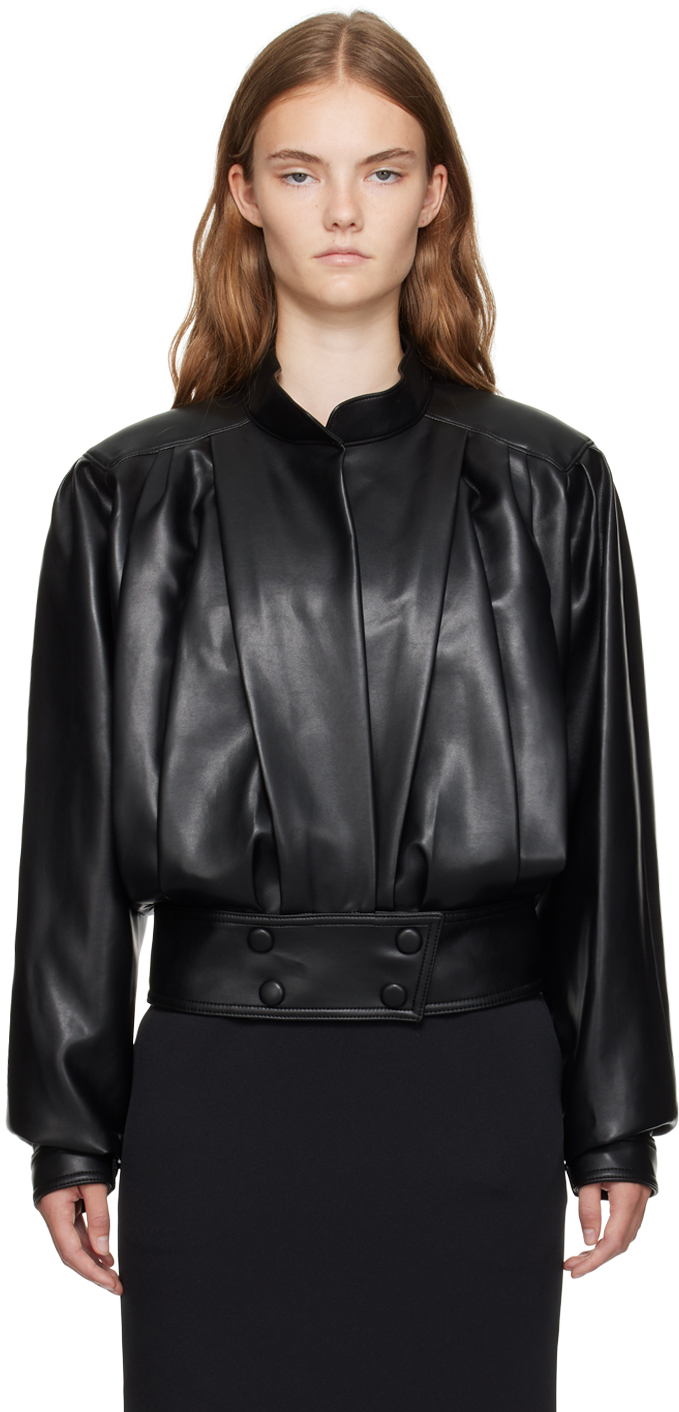 Black Faux-Leather Bomber Jacket