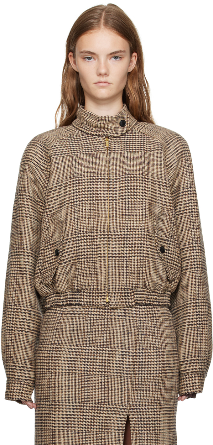 Beige Check Harrington Bomber Jacket