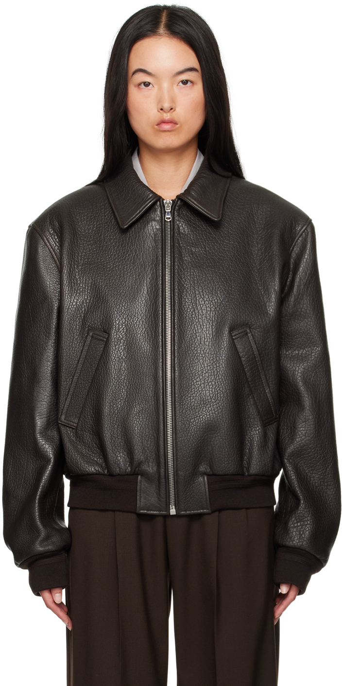 Shop Recto Brown Ben Shrunken Leather Jacket In Dark Brown