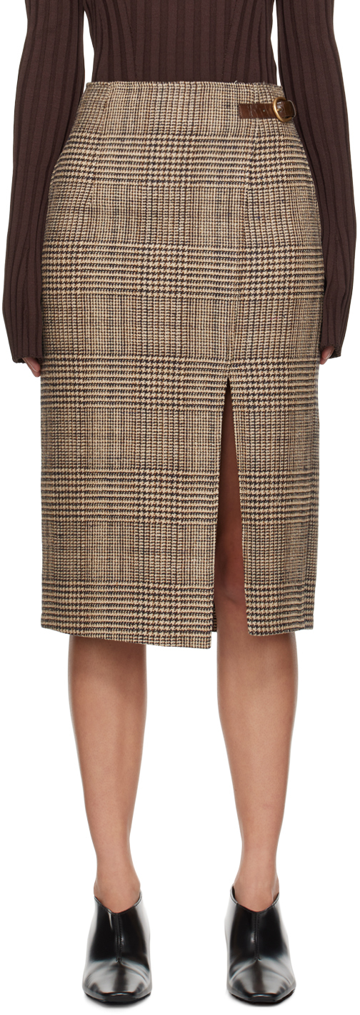 Beige Check Wrapped Midi Skirt