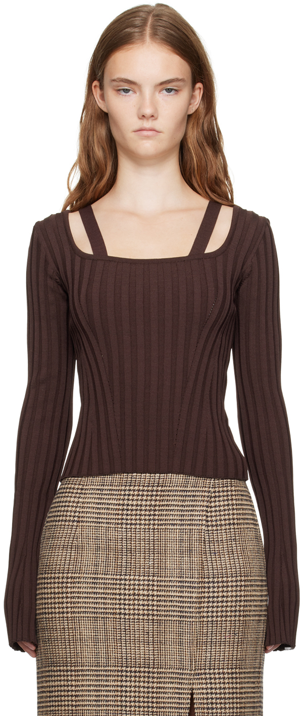 Brown Scoop Neck Fitted Sweater