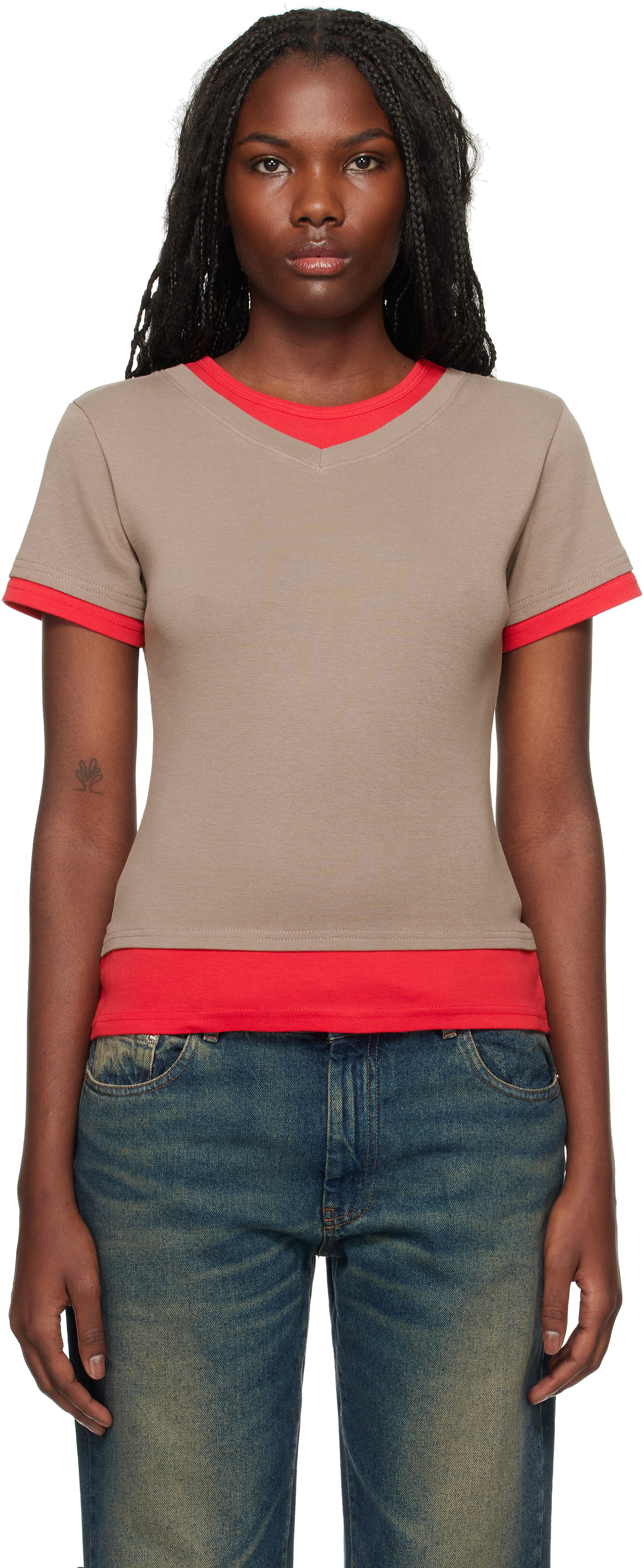 Shop Gimaguas Taupe & Red Rio T-shirt In Grey/red