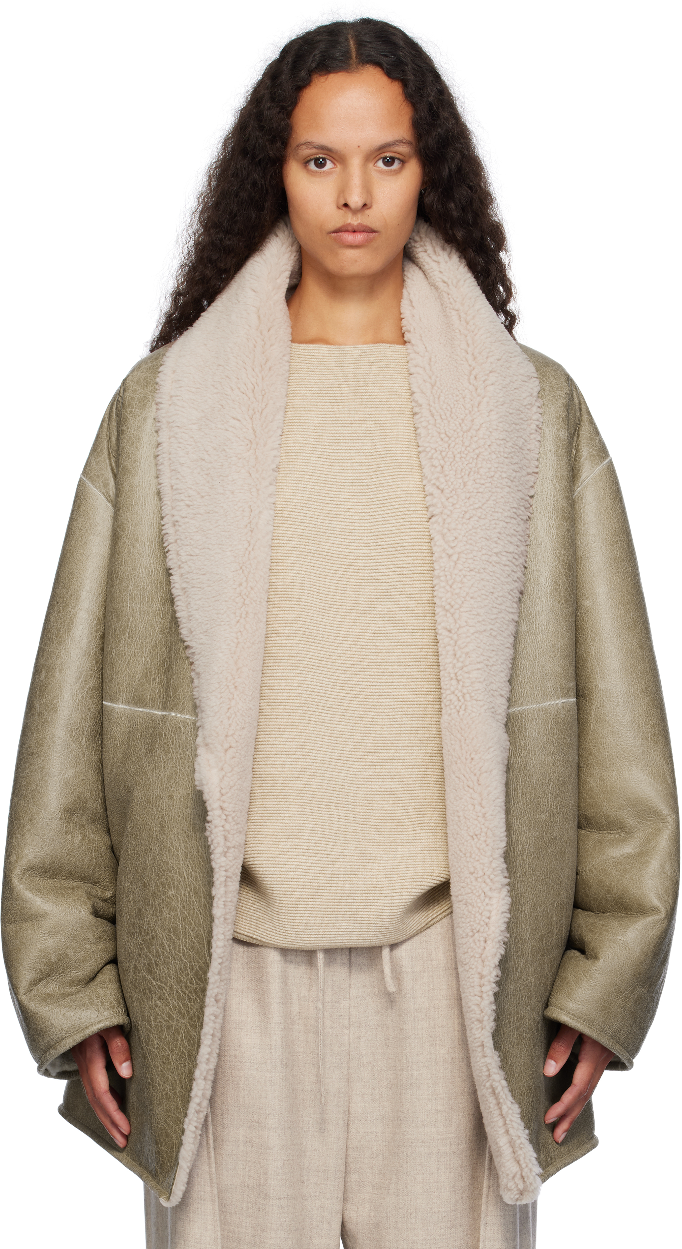 Beige Sherpa Shawl Collar Leather Jacket