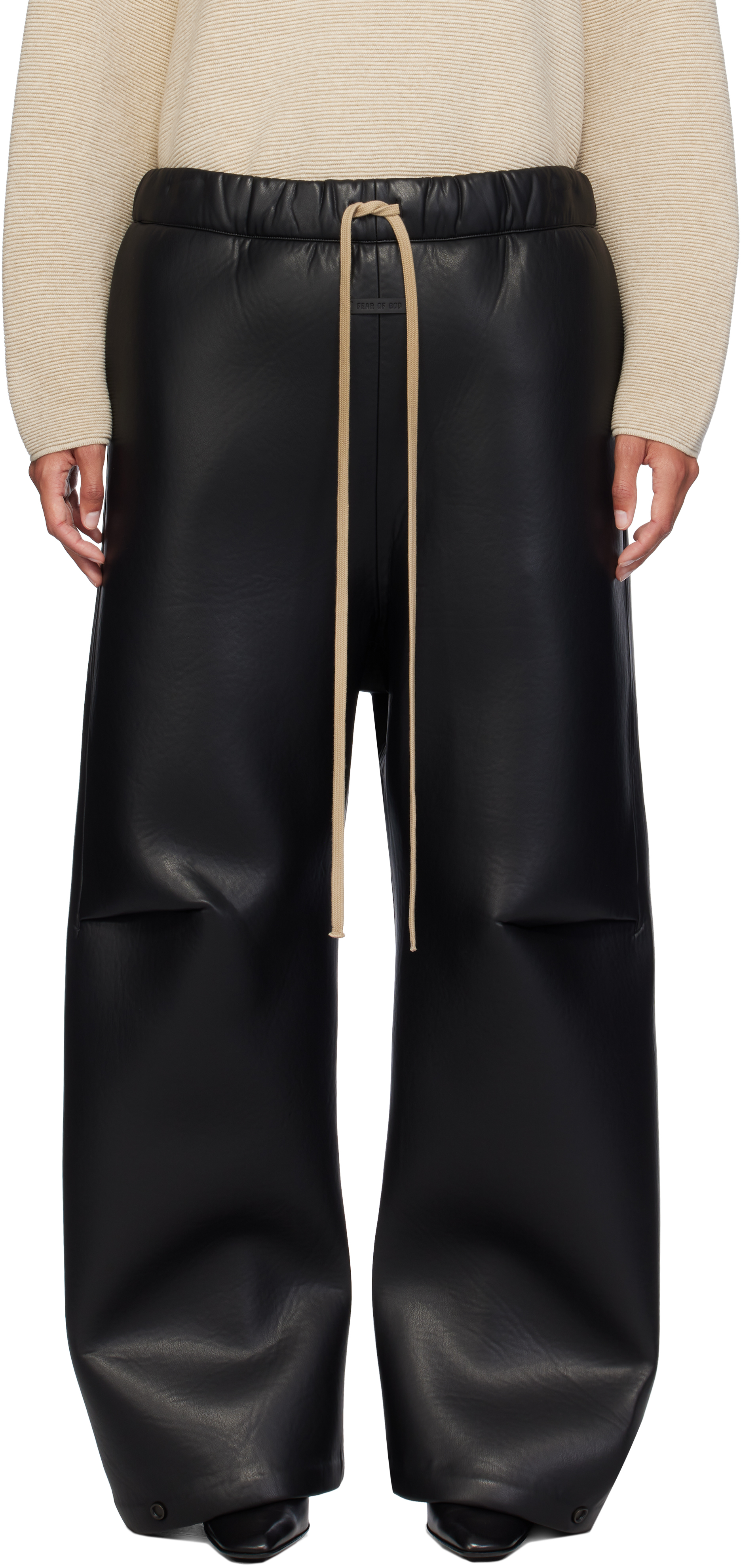 Black Neoprene Knee Pleat Wide Leg Faux-Leather Trousers