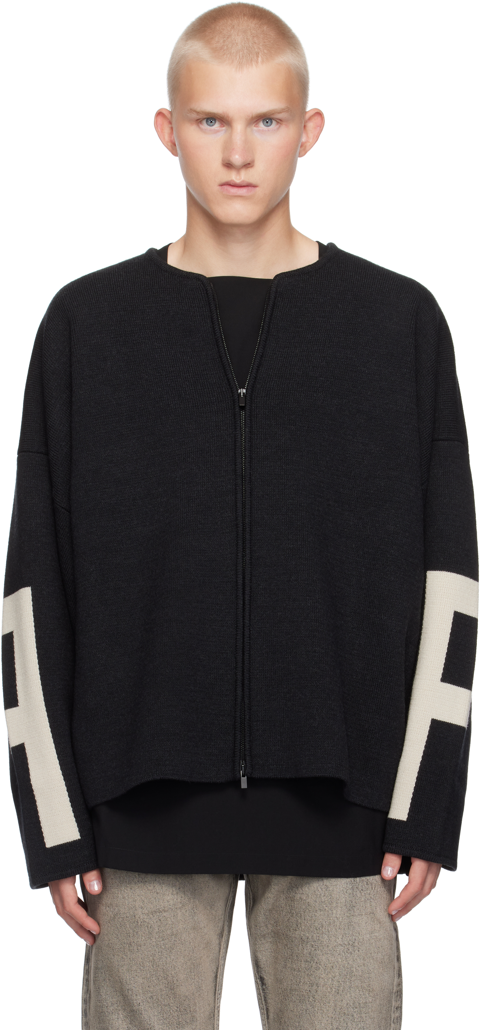 Shop Fear Of God Black Merino Full Zip Sweater In Melange Black