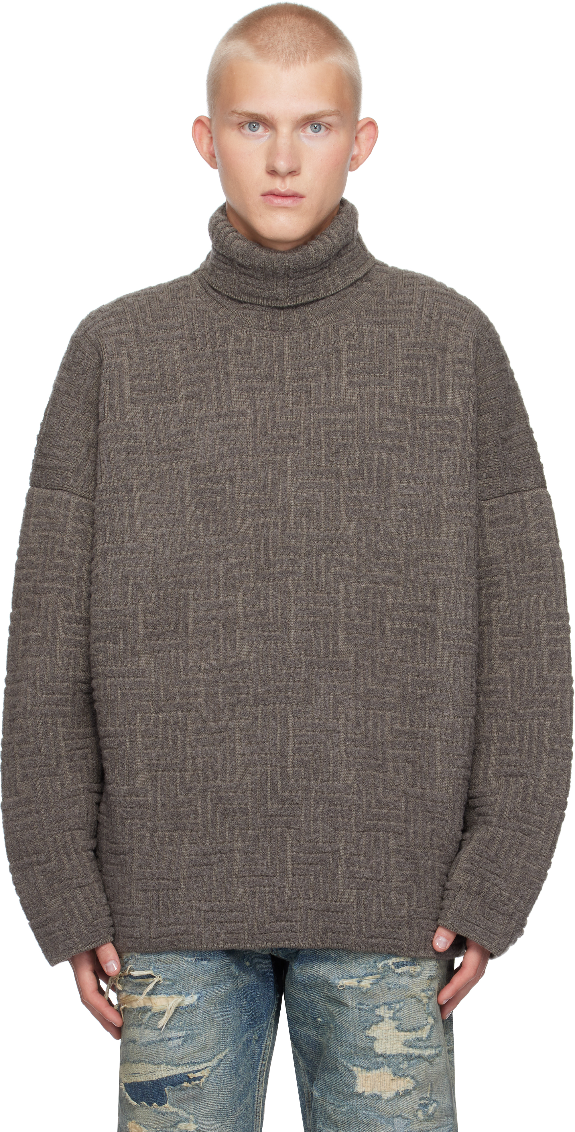 Shop Fear Of God Taupe Wool Jacquard Turtleneck In Melange Black