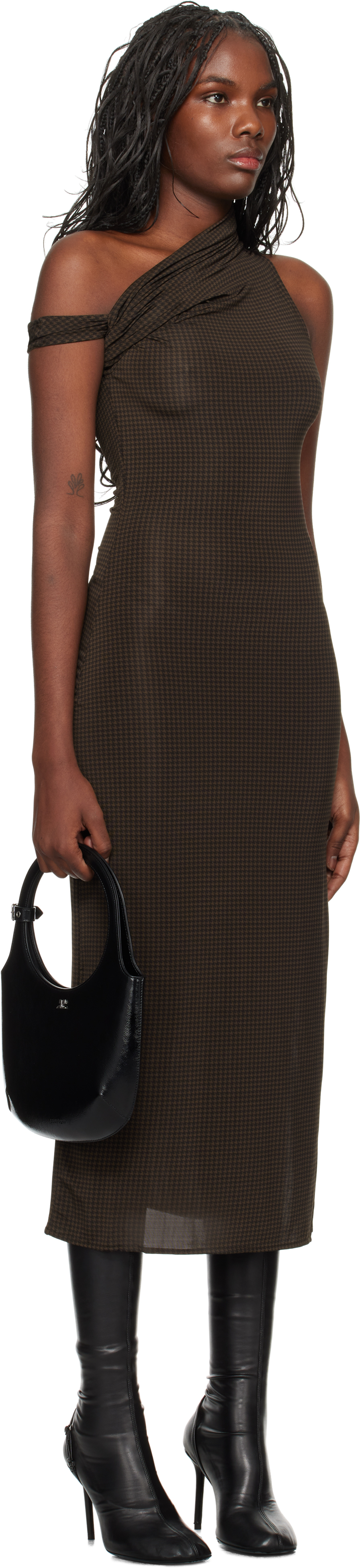 Courrèges Twist Check Jersey Long Dress In B026 Chocolat/noir