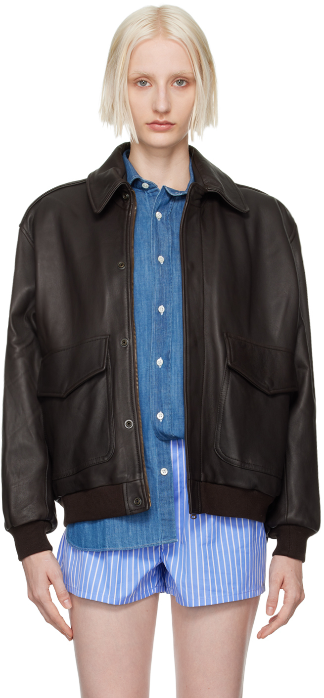 Shop Hommegirls Brown Oversized Leather Bomber Jacket In Dark Brown