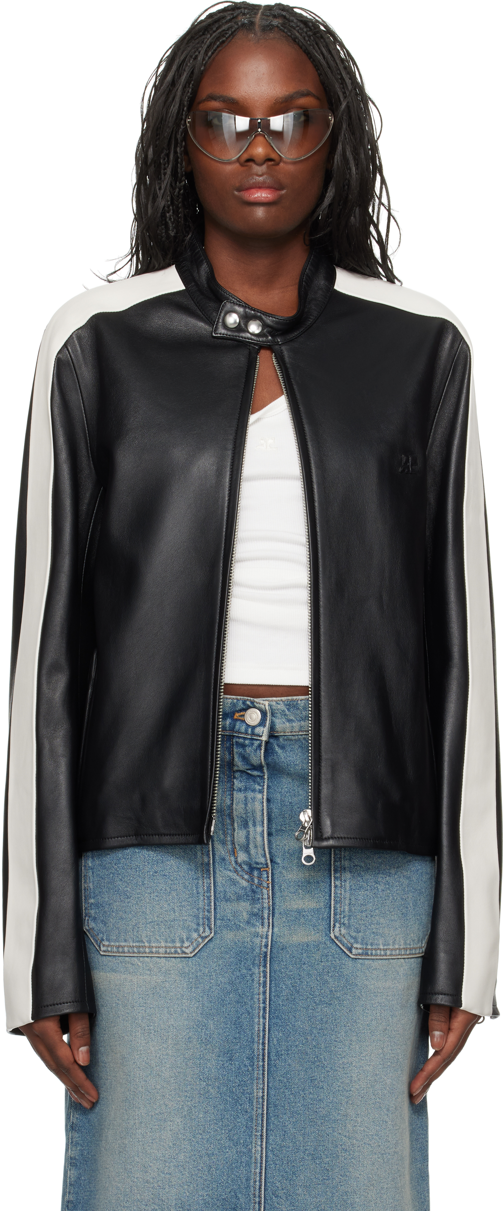 Shop Courrèges Black Contrast Biker Leather Jacket In 9999 Black