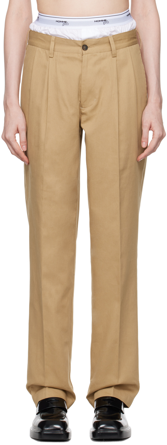 Shop Hommegirls Beige Layered Trousers In Khaki