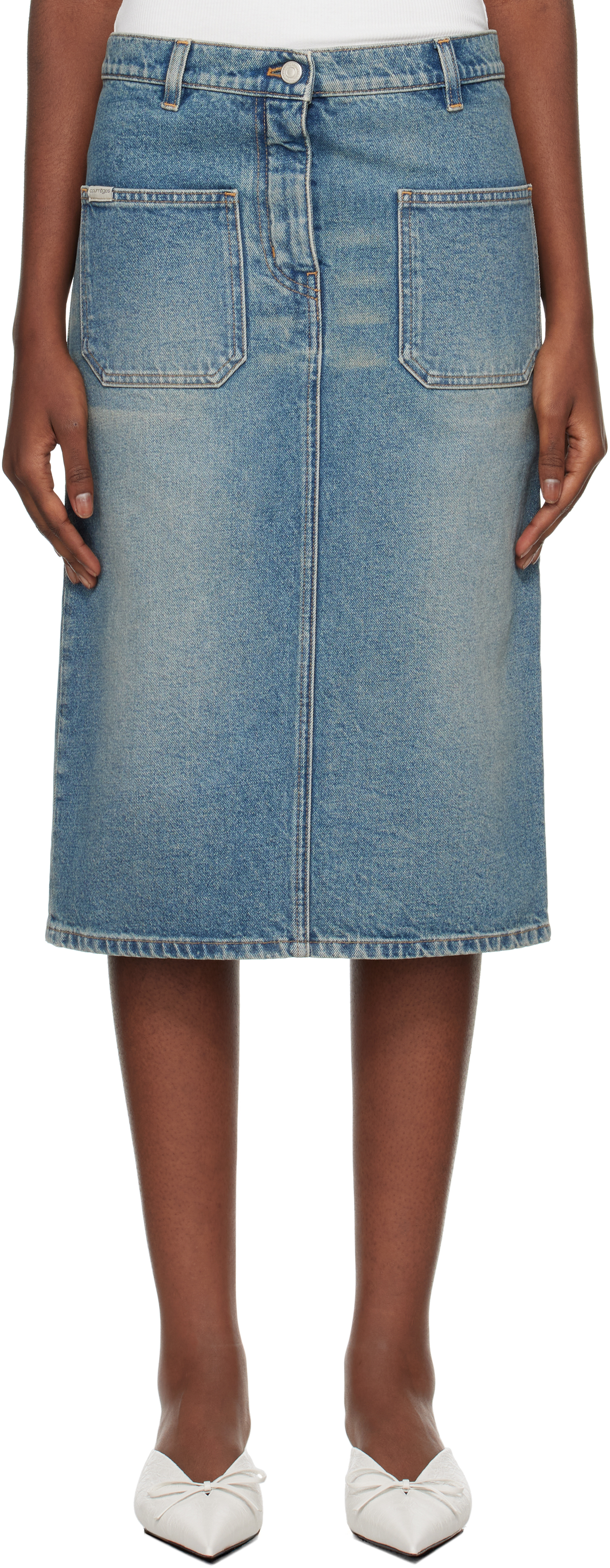 Shop Courrèges Blue Faded Denim Midi Skirt In 7052 Vintag Med Blue