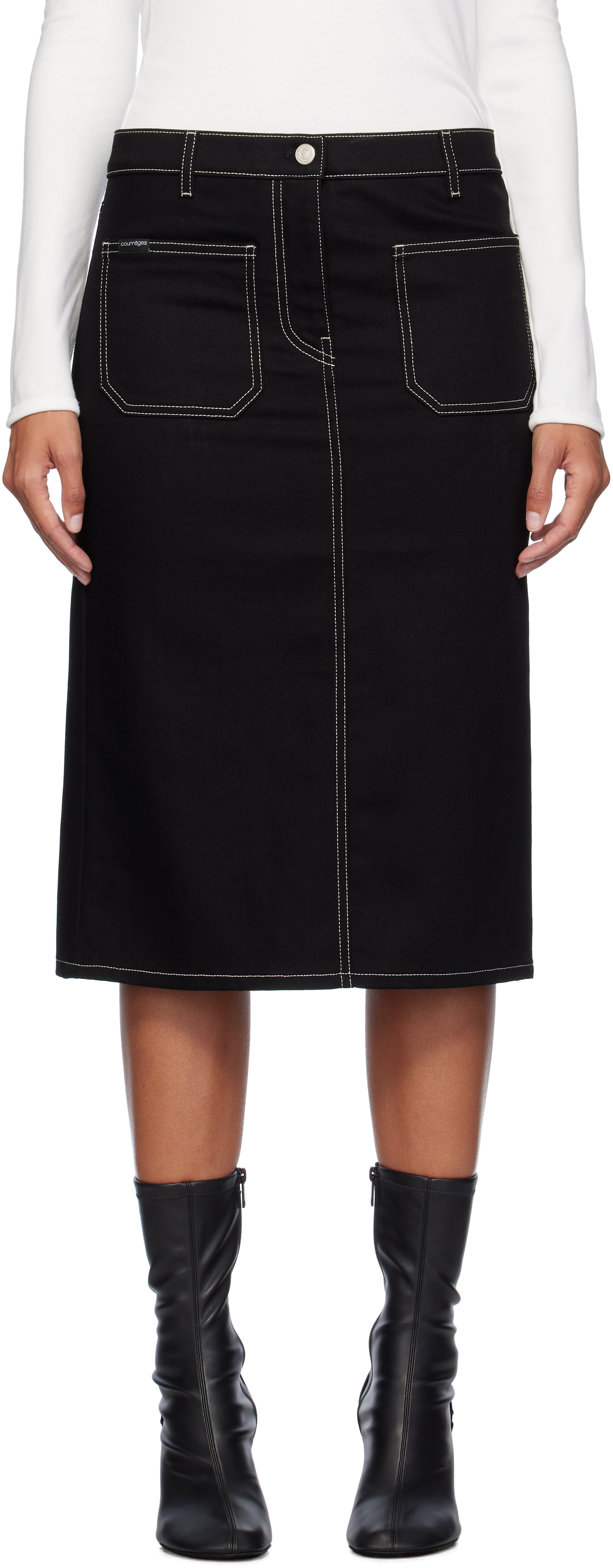 Courrèges Black 2-Pocket Topstitched Denim Midi Skirt