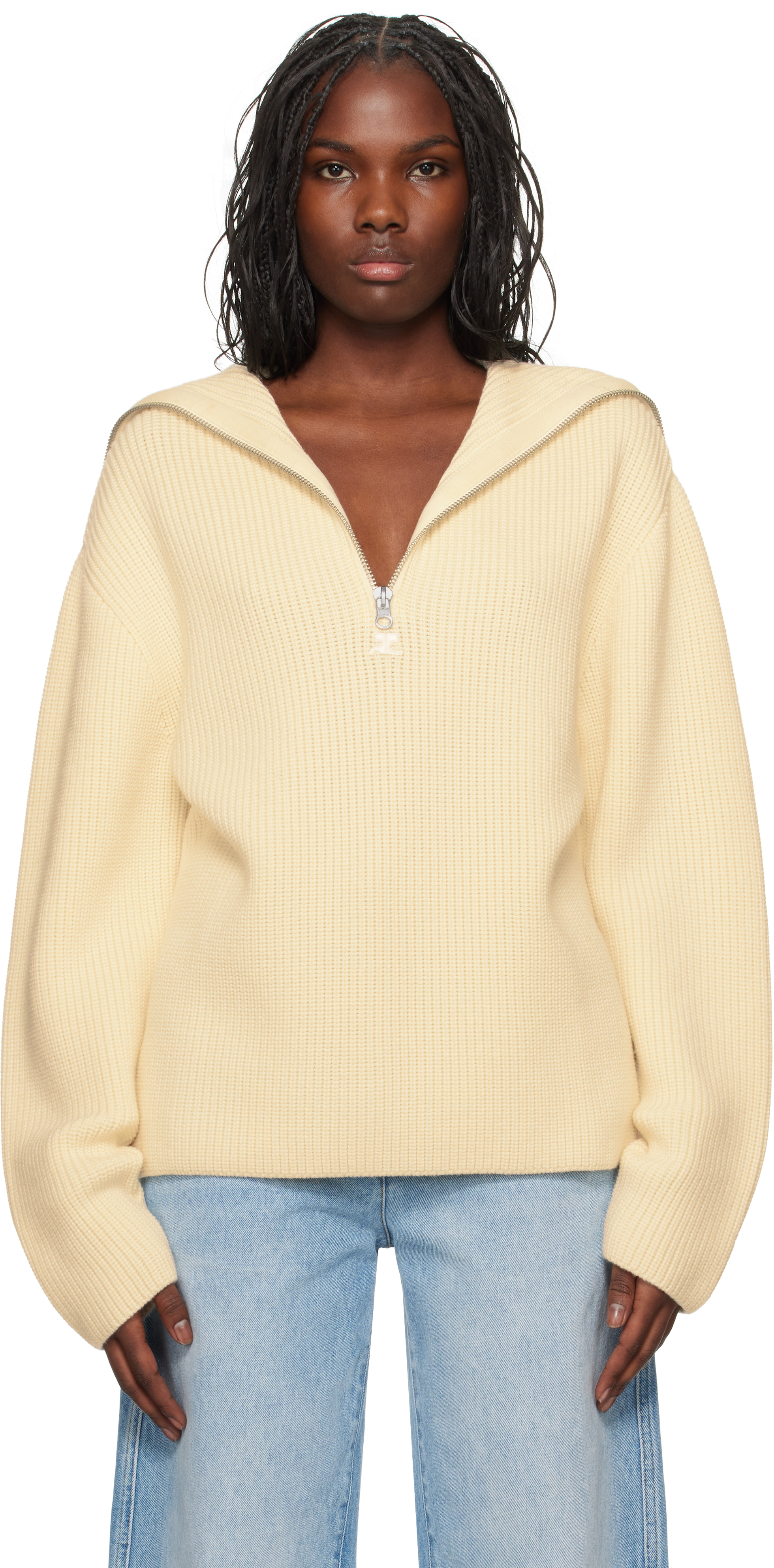 Shop Courrèges Off-white Ribbed Wool Hoodie In 0079 Natural