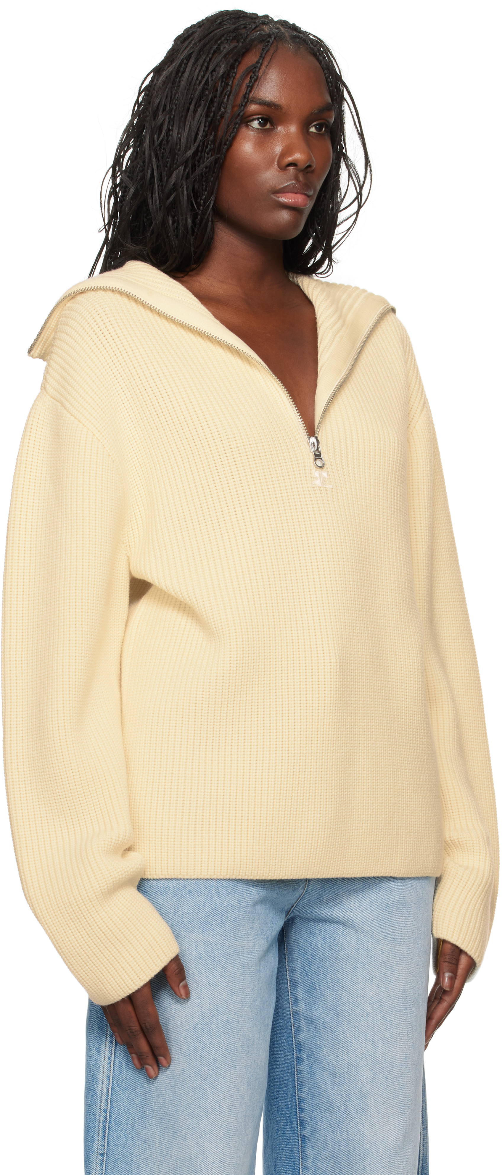 Shop Courrèges Off-white Ribbed Wool Hoodie In 0079 Natural