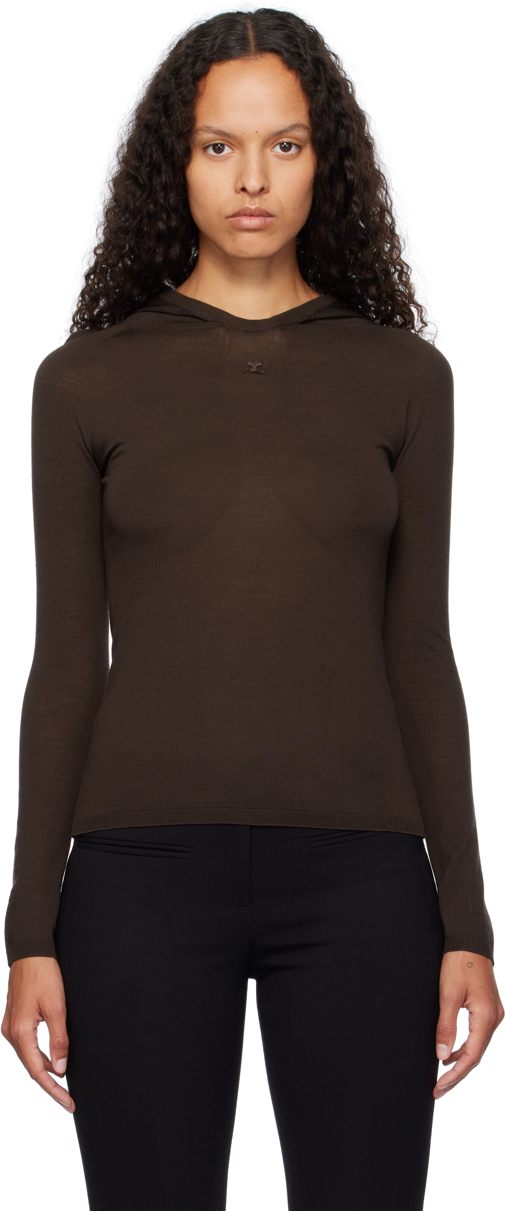 Shop Courrèges Brown Light Knit Hoodie In 1983 Chocolate